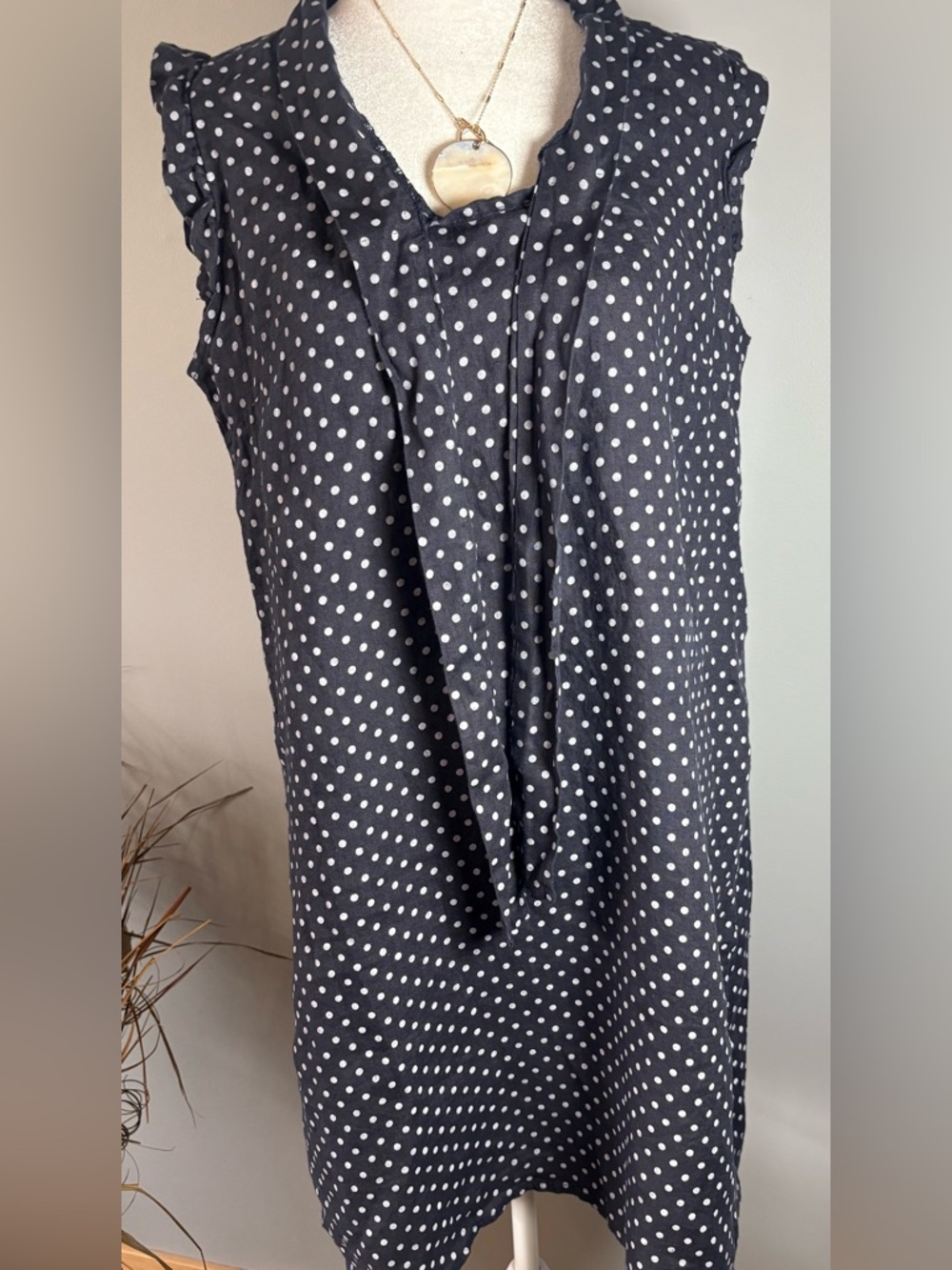 Bellambra Linen Dress Made in Italy Polka Dot  Tie Neck Shift Dress M Navy